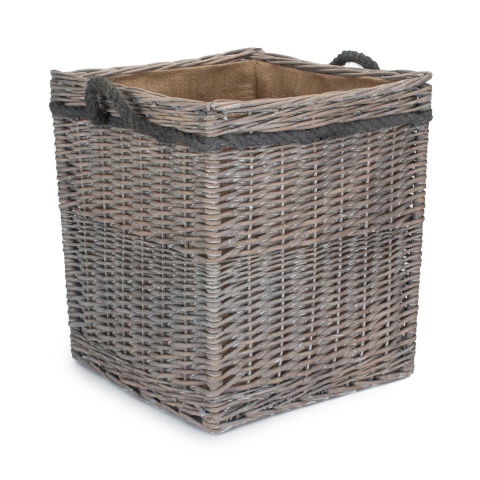 image 1 of Large Wicker Grey Wash Square Hessian Lined Log Basket | Grey | Grey | L