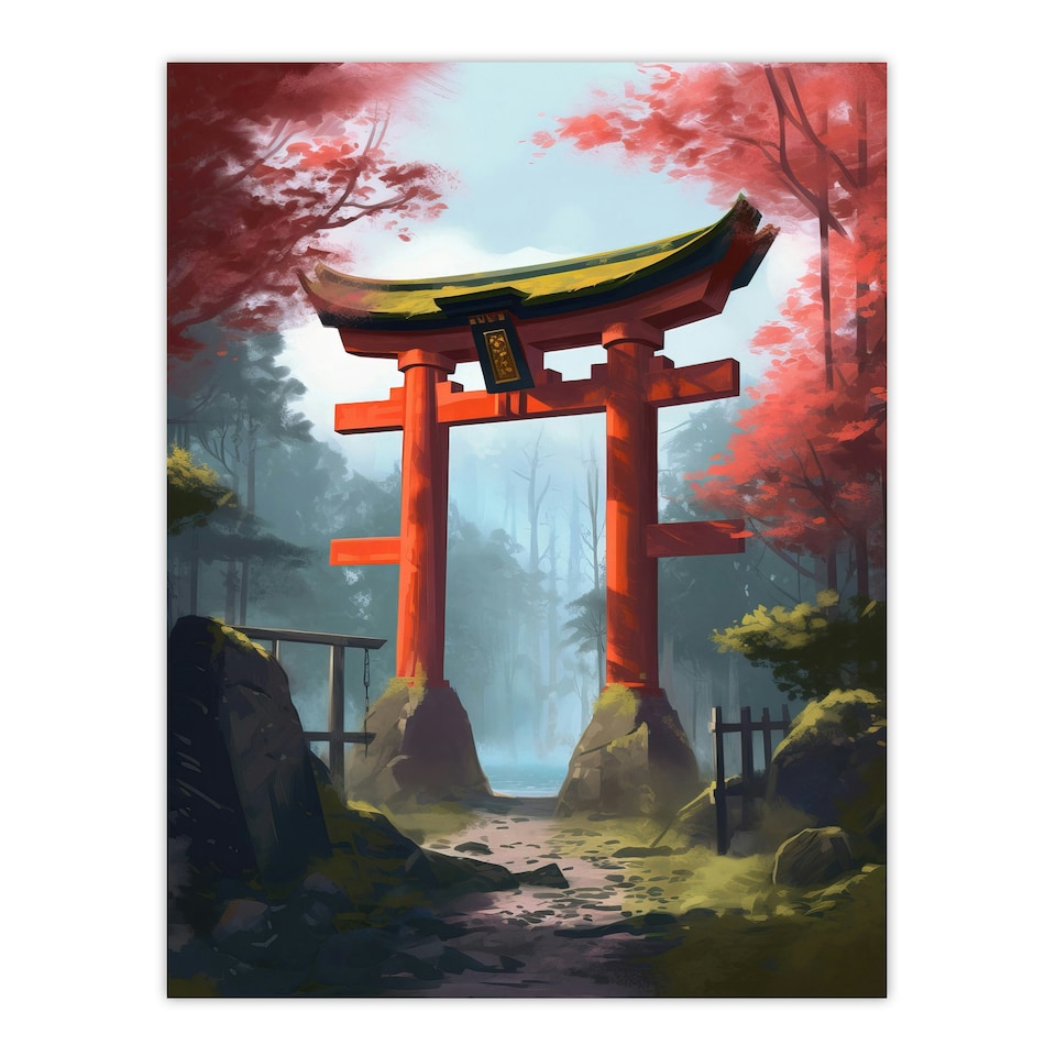 image 1 of Torii Gate Leading Shinto Shrine Forest Red Black Framed Wall Art Print A4