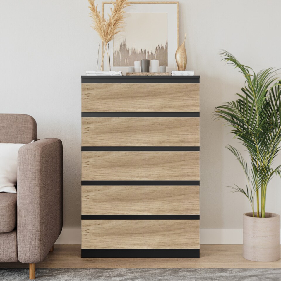 image 1 of Minimalist Chest of 5 Drawers 108.5x70x35 | Black | Black & Oak | 1