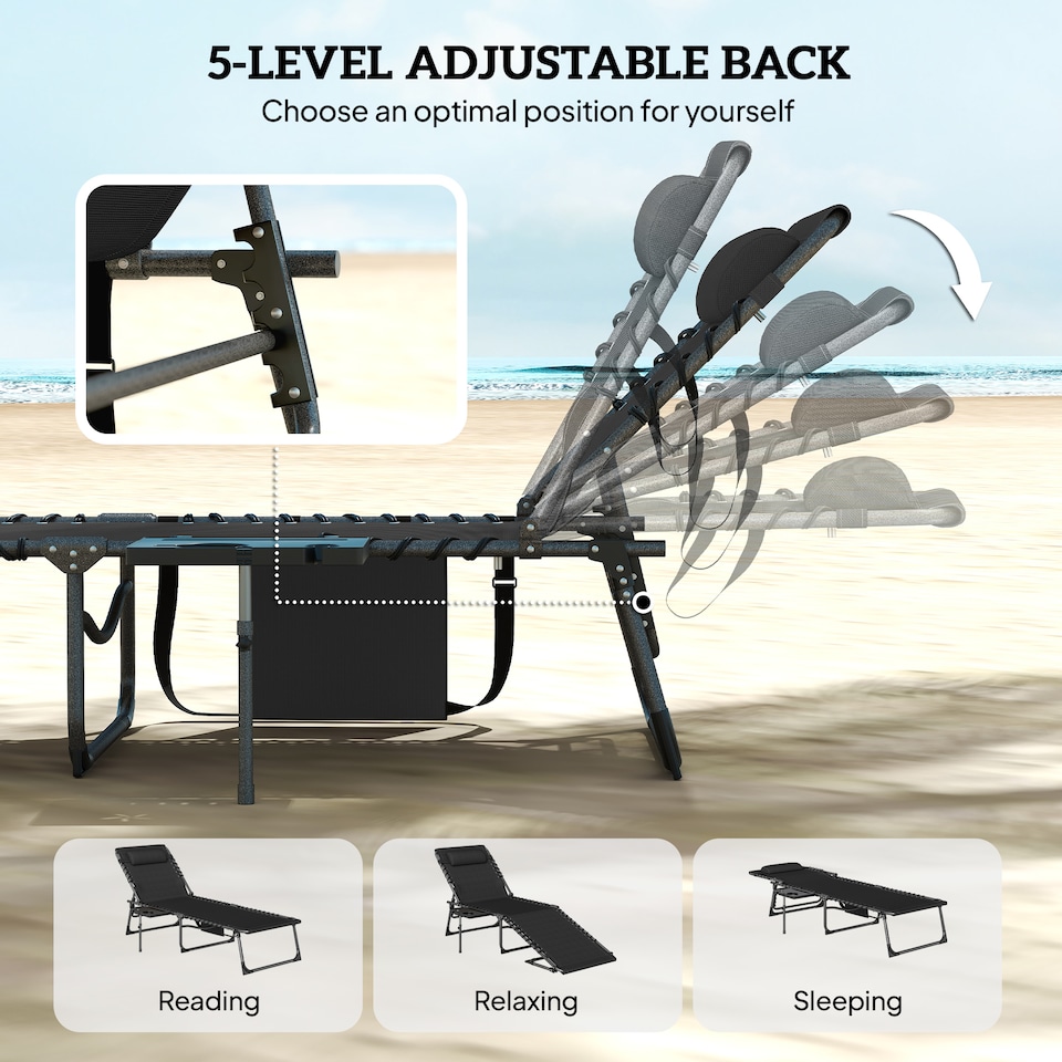 image 1 of Outsunny Folding Sun Loungers with 5-Level Back, Cup Holder, Black | Black | Black | L