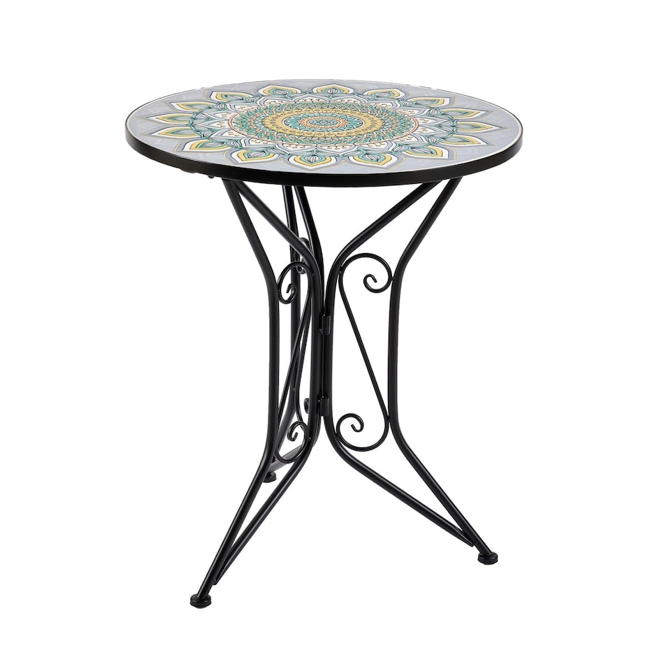 image 1 of Bistro Table Set Blue Floral Mosaic Design 2 Chairs Outdoor Garden Furniture