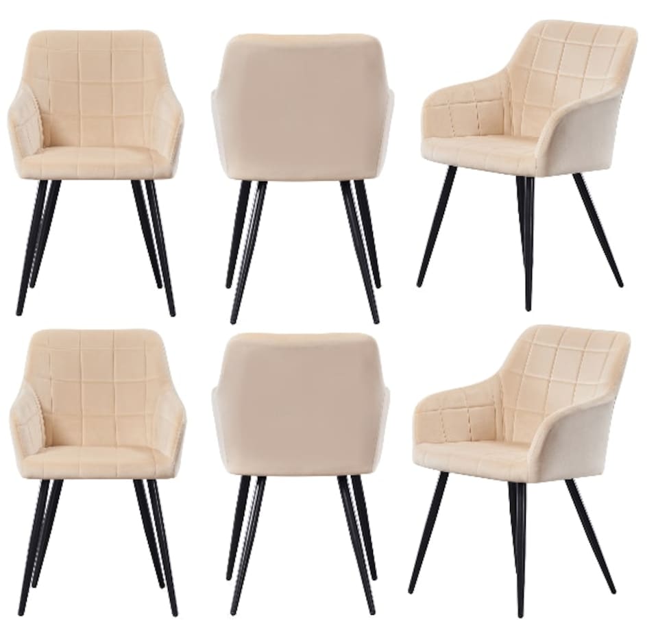 image 1 of Set of 6 Camden Modern Velvet Dining Chairs with Armrests, Quilted Design & Black Metal Legs | Cream