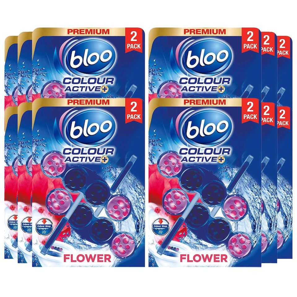 image 1 of Bloo Toilet Rim Block Colour Active+Flower with Odour Stop Technology 2x50g, 12 Pack | Multi | 12