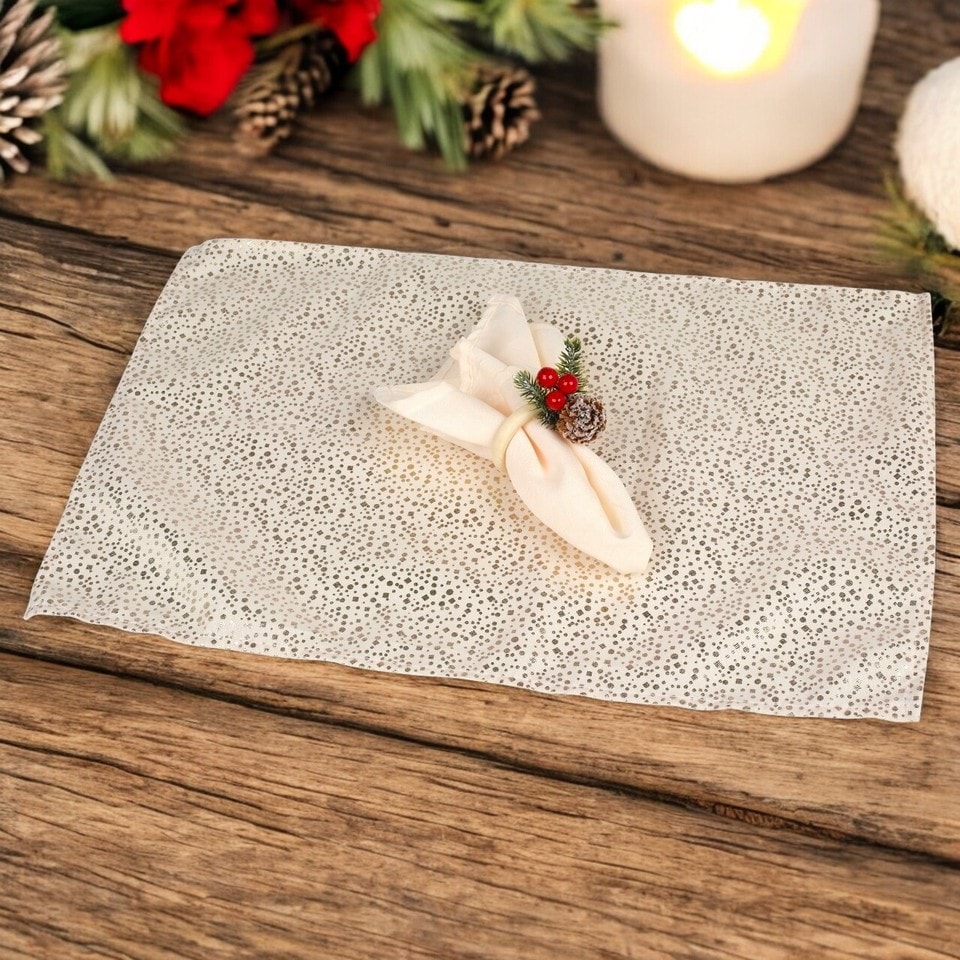image 1 of 12 Pcs Washable Christmas Placemat & Napkin Ring Set Festive Acorn Berries Decor | Multi | Cream Gold