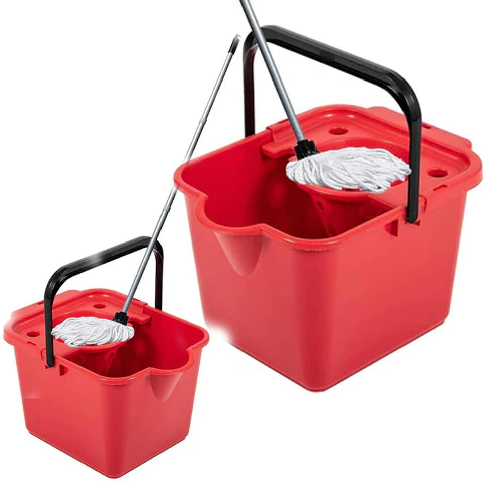 image 1 of 1 x Red 12 Litre Cotton Mop & Bucket Hard Floor Cleaning Set With Wringer & Pouring Lip