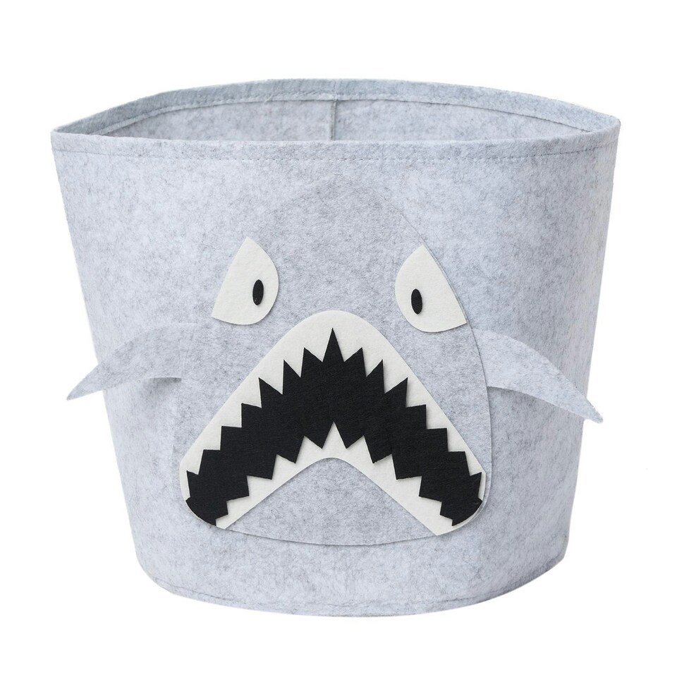 image 1 of OHS Kids Round Shark Felt Toy Storage Organiser Basket - Grey