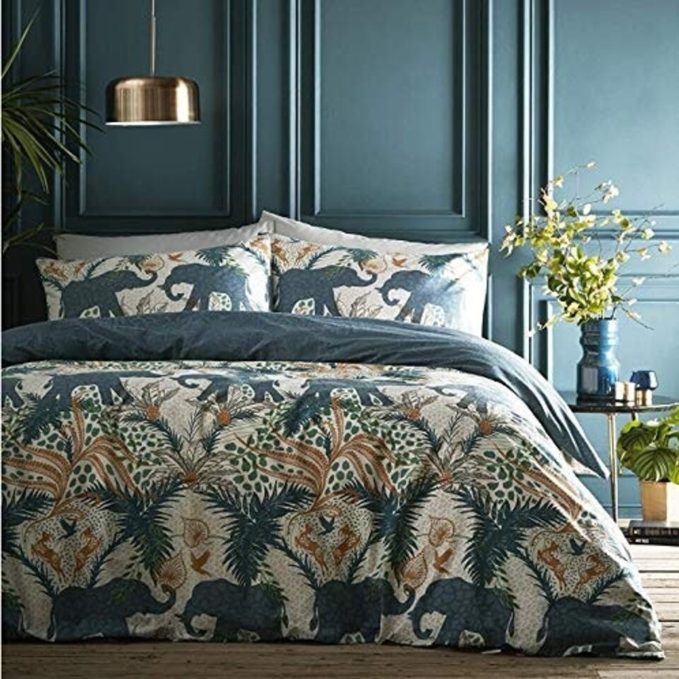 image 1 of Portfolio Home Savannah Safari Elephants Soft Easy Care Bed Linen Bedding Duvet Cover Quilt Set With Pillow Case Blue | Double
