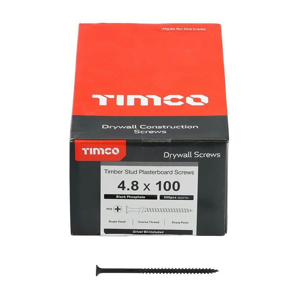 image 1 of Timco - Drywall Timber Stud Plasterboard Screws - PH - Bugle - Coarse Thread - Grey (Size 4.8 x 100 - 500 Pieces)