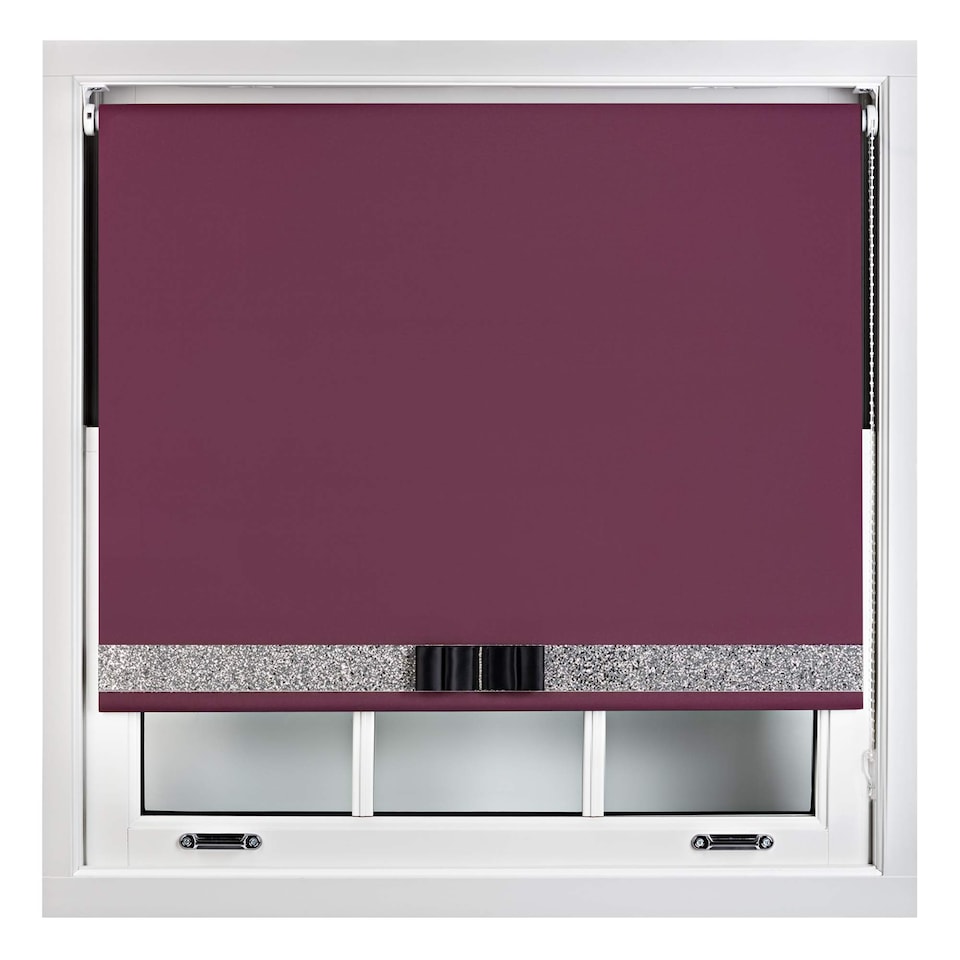 image 1 of FURNISHED Blackout Roller Blind with Silver Glitter Trim and Black Bow Trimmable Window Shade | Purple | Aubergine | (W) 215cm x (L) 210cm