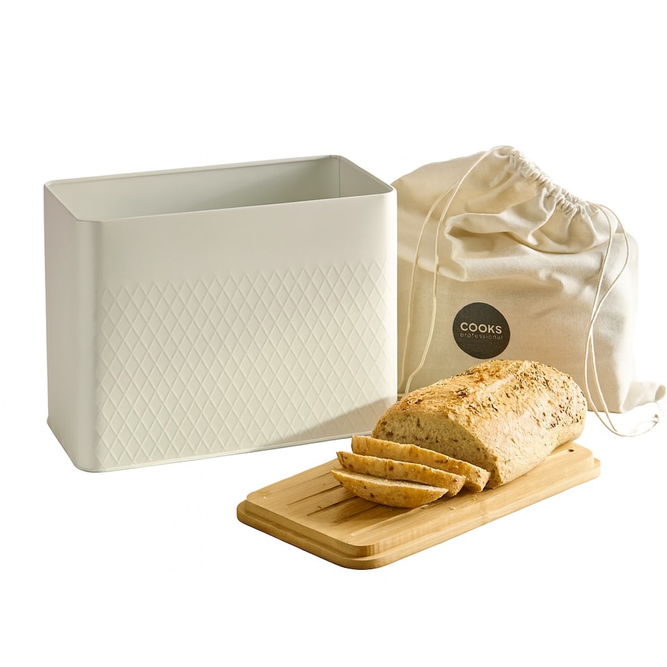 image 1 of Cooks Professional Diamond Pattern Bread Bin with Linen Bag & Bamboo Cutting Board Lid | White | White | 1