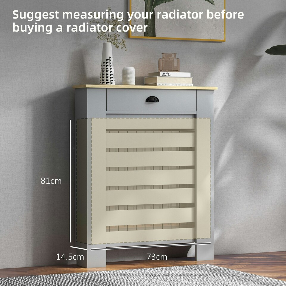 image 1 of HOMCOM Radiator Cover with Drawer, Horizontal Slat, 78cm, Grey
