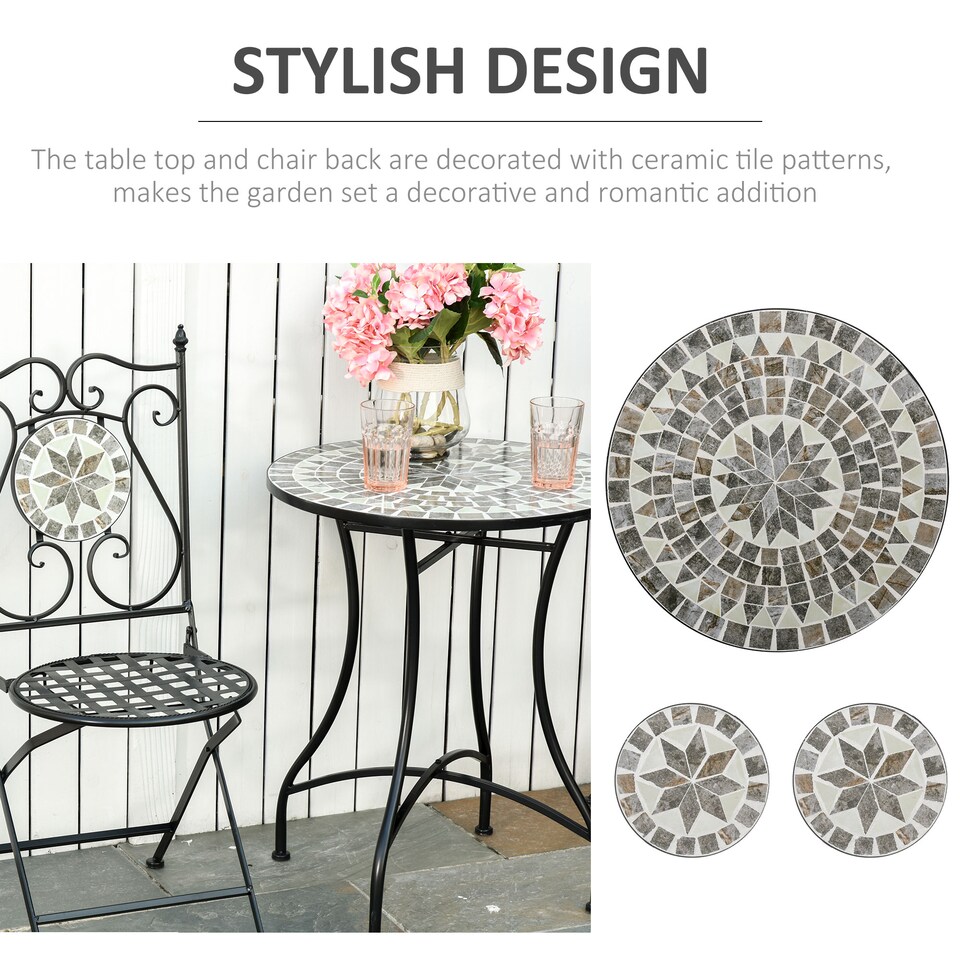 image 1 of Outsunny 3 Pcs Mosaic Tile Garden Bistro Set Outdoor w/ Table 2 Chairs