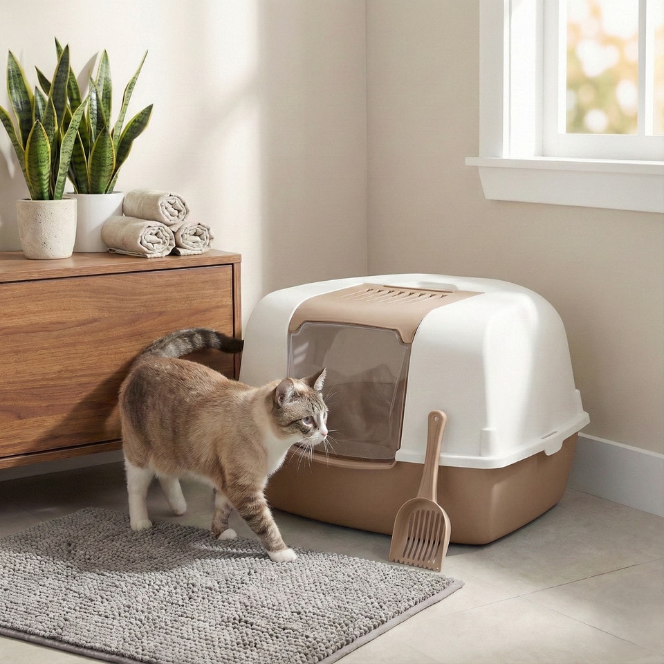 image 1 of Large Cat Corner Litter Tray Hooded Deep Cover Toilet Flap Box with Filter & Scoop | Multi | Mocca | 1