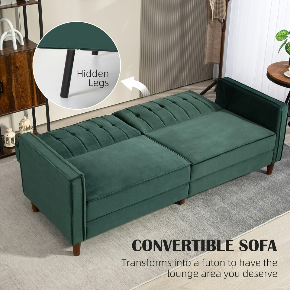 image 1 of HOMCOM Convertible Sofa Futon Velvet-Touch Tufted Couch Sofa Bed Green