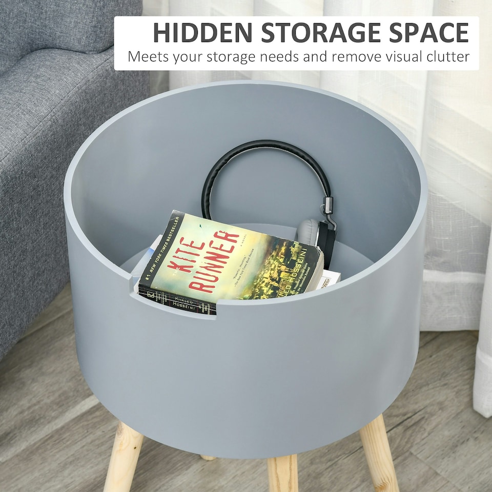 image 1 of Round Side Table Wood Nightstand with Hidden Storage Space Removable Tray White