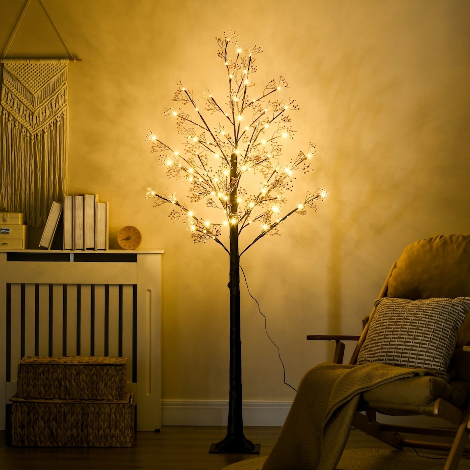 image 1 of HOMCOM 6ft Artificial Tree with Warm White LED Lights, Baby Breath Flowers