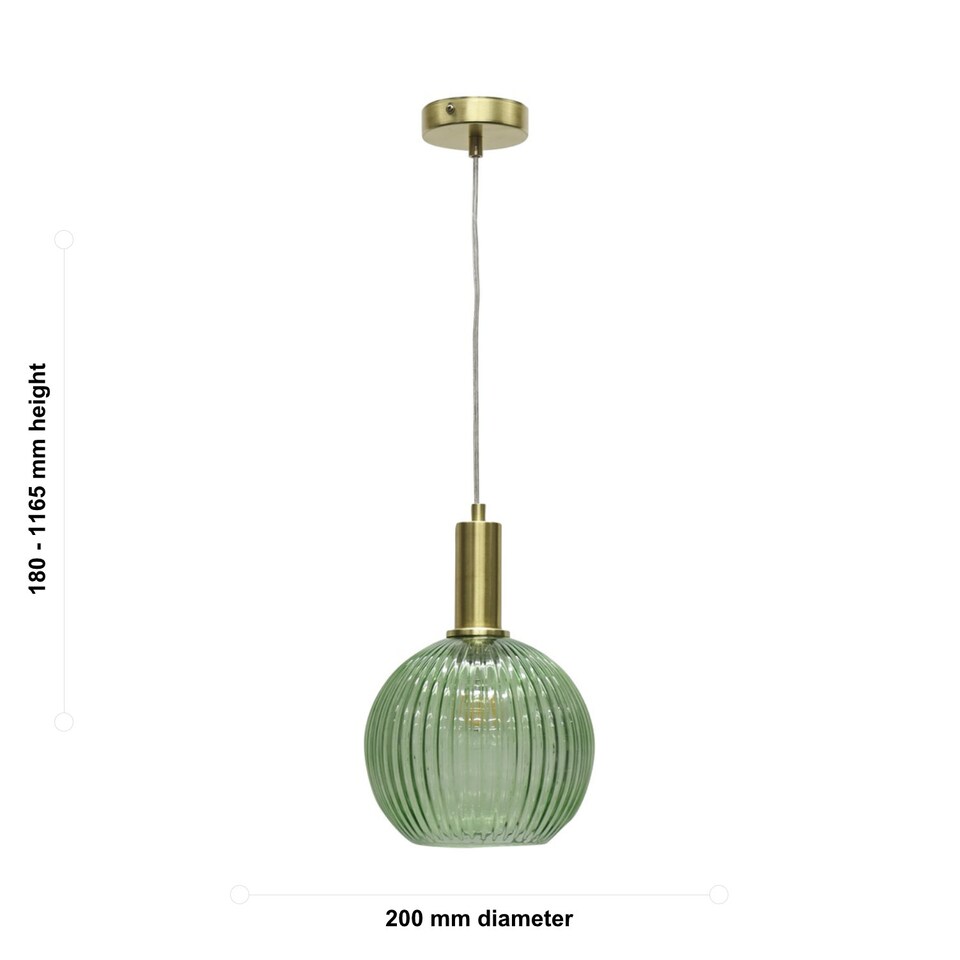 image 1 of Set of 2 Betchley - Green Ribbed Glass Globe Satin Brass Deco Pendants