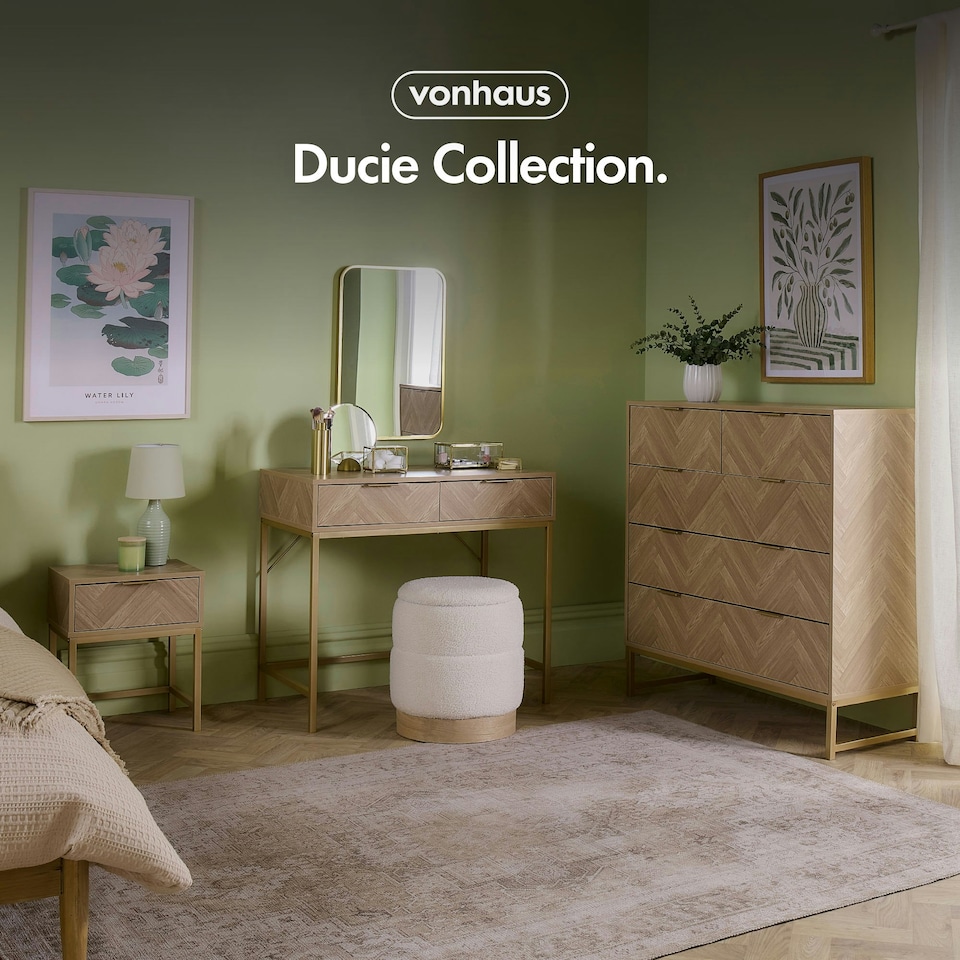 image 1 of VonHaus Ducie Chest of Drawers with Gold Frame & Herringbone Finish | Brown