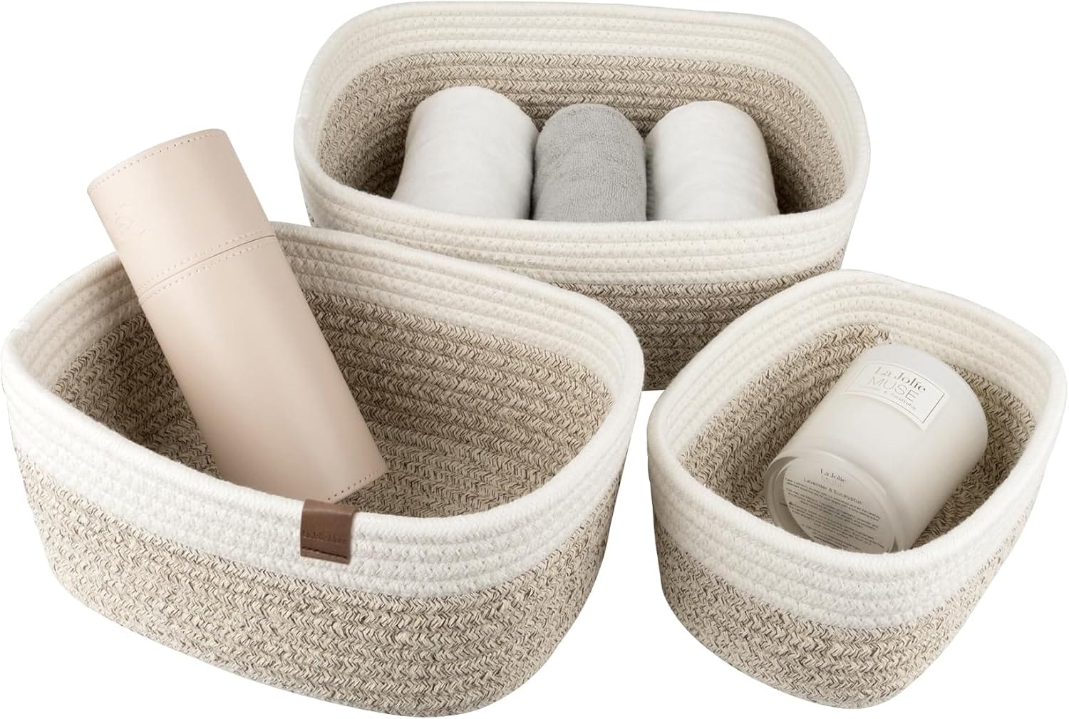 LA JOLIE MUSE Small Cotton Woven Storage Baskets, White & Desert, 3 Pack