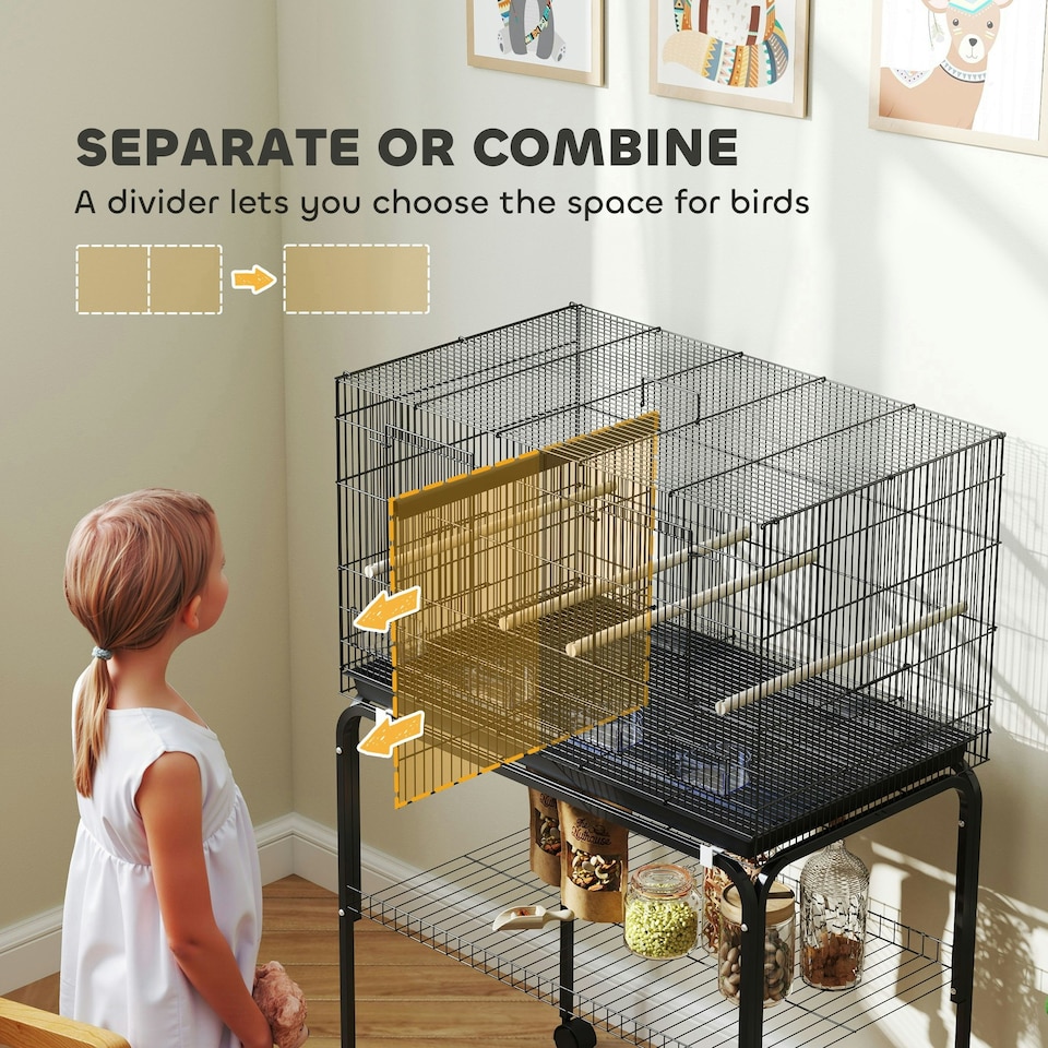 image 1 of PawHut Bird Cage with Divider, 4 Wooden Perches, Slide Out Tray, Black