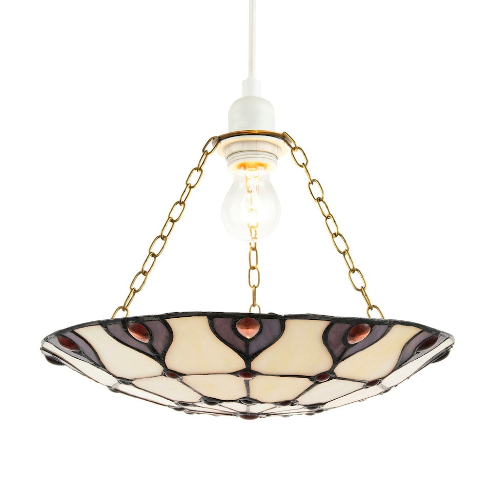 image 1 of Purple and Amber Stained Glass Tiffany Pendant Shade with Red Beads Purple