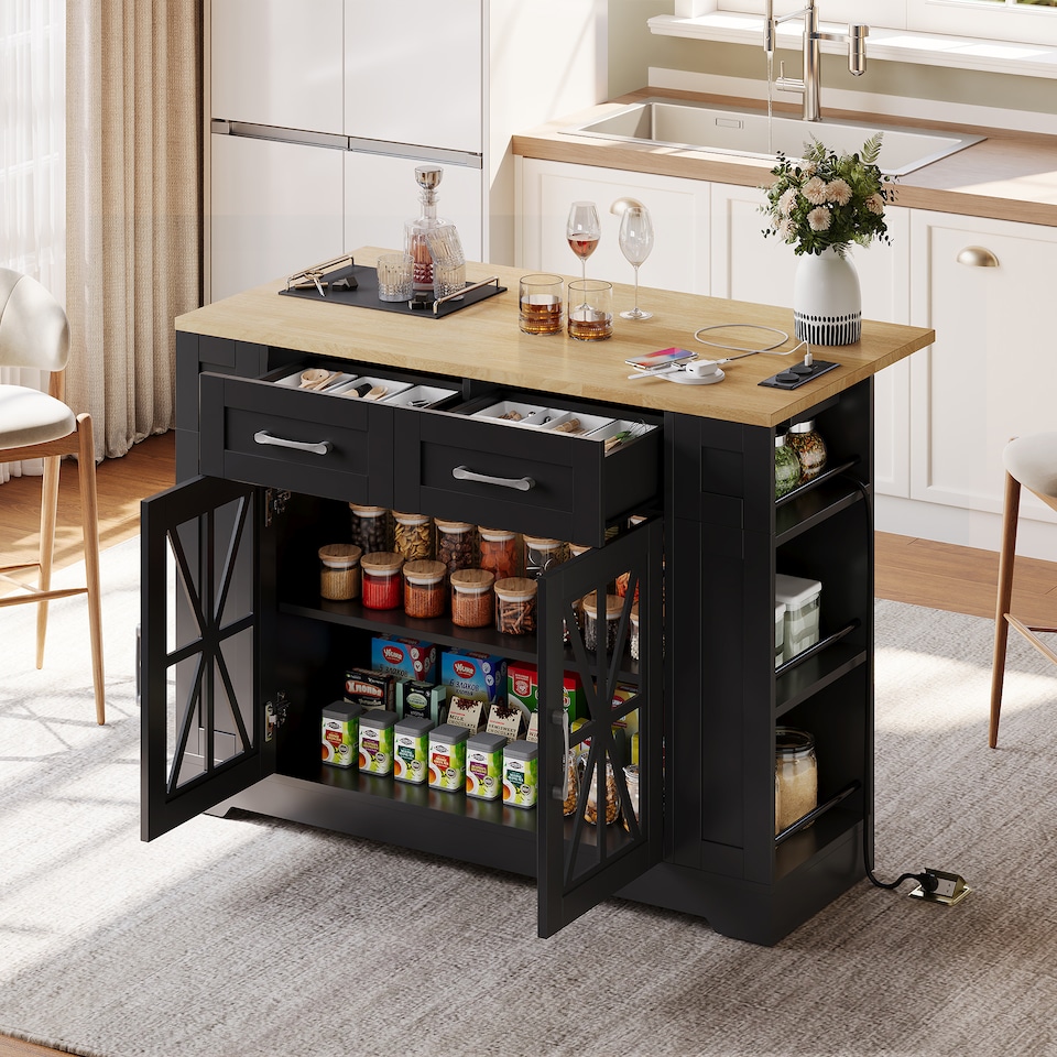 image 1 of VILUXE Mobile Kitchen Island with Foldable Worktop, 2 AC Sockets, 2 USB Ports, Glass Doors, Adjustable Shelves and Lockable Wheels, Black and Natural