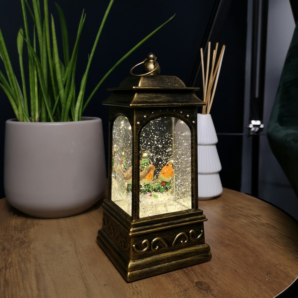 image 1 of 21cm Battery Operated Christmas Robin Scene Glitter Water Spinner Lantern Decoration