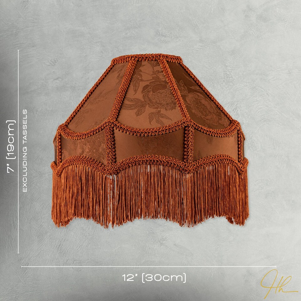 image 1 of Brown Faux Silk Victorian Lampshade with Floral Decor and Long Tassels