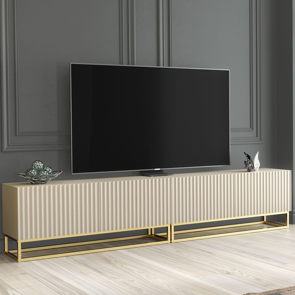 image 1 of TV Unit TV Stand Cashmere Gold Fluted Modular Media Console Sideboard Storage 200cm