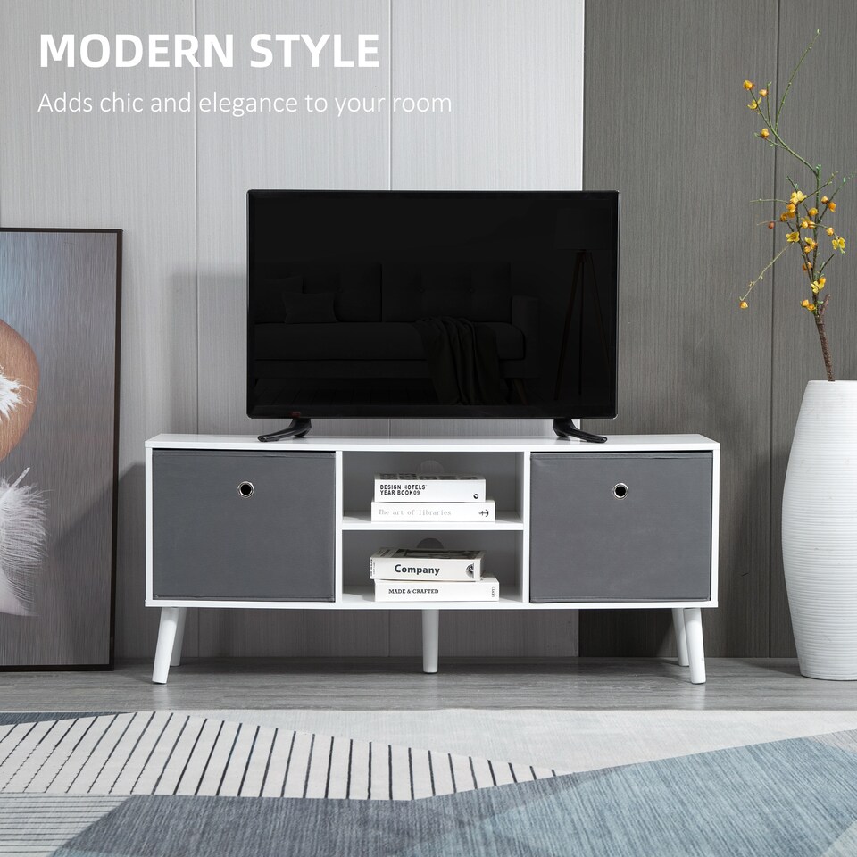 image 1 of HOMCOM TV Cabinet Stand Unit for TVs up to 50 Flat Screen with Foldable Drawers and Shelves, Entertainment Centre for Living Room, Bedroom White and Grey