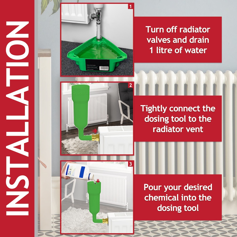 image 1 of SPARES2GO Central Heating Cleanser Concentrate Liquid (500ml Bottle) + Radiator Dosing Funnel Tool + Draining Tub