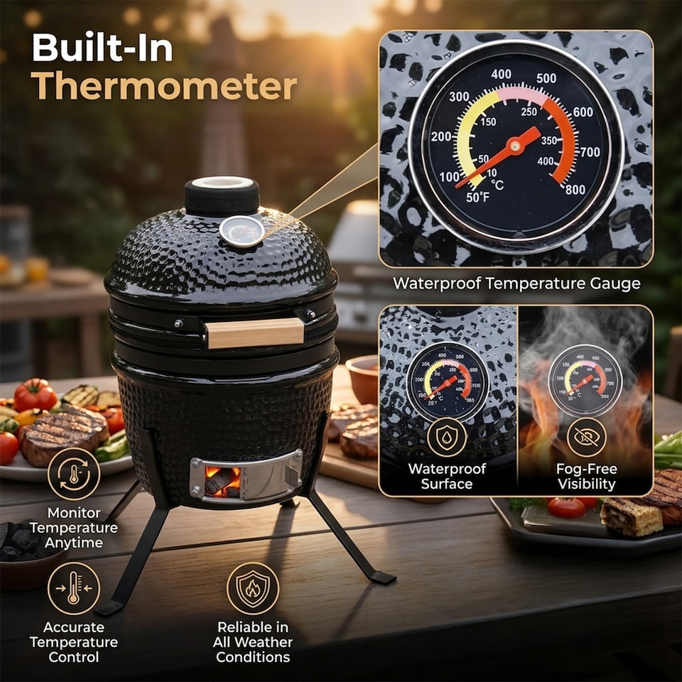 image 1 of Alivio Ceramic Kamado Charcoal BBQ Grill & Smoker with Thermometer, Egg Style Outdoor Barbecue for Grilling, Smoking & Roasting 13"