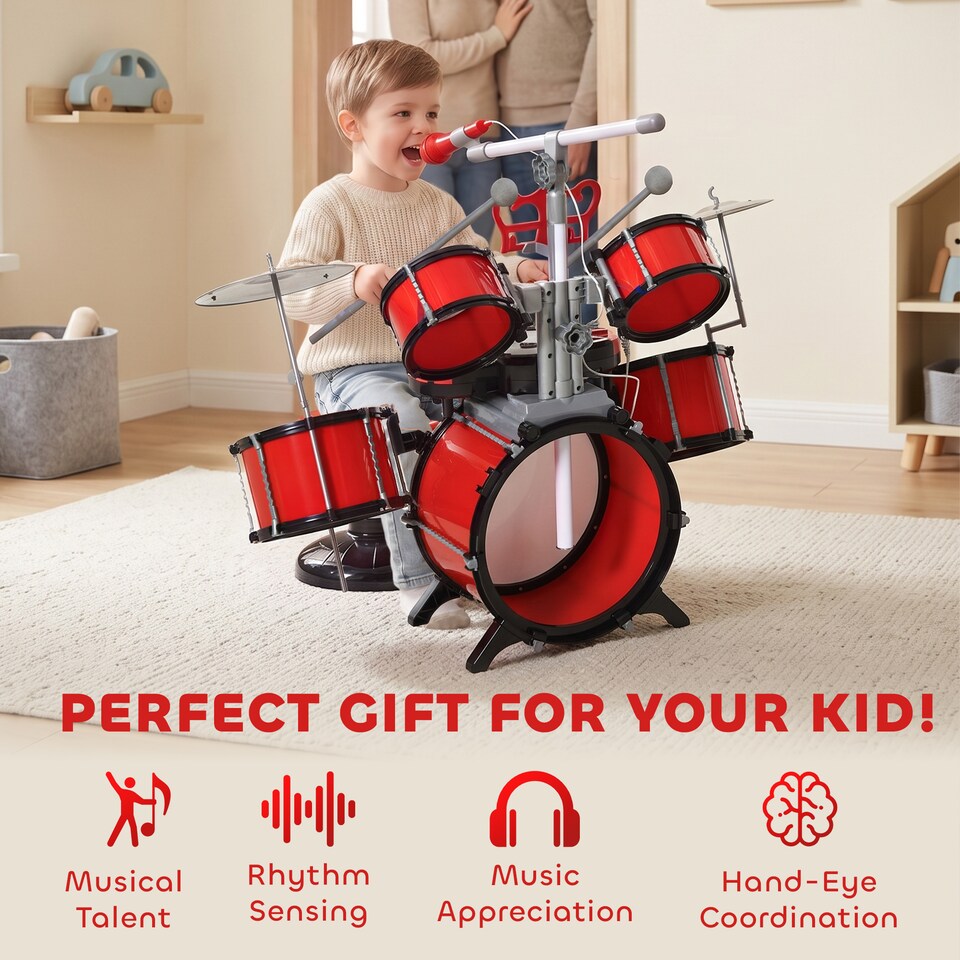 image 1 of HOMCOM Kids Drum Set for Beginners with Stool, Educational Musical Toy, Red
