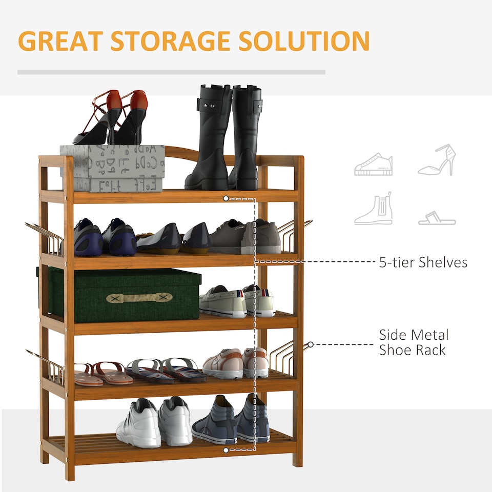 image 1 of HOMCOM 5-Tier Shoe Rack, Acacia Wooden Shoe Storage Organiser with Hangers, Holds up to 19 Pairs, for Entryway, Living Room, 64 x 26 x 82 cm, Teak