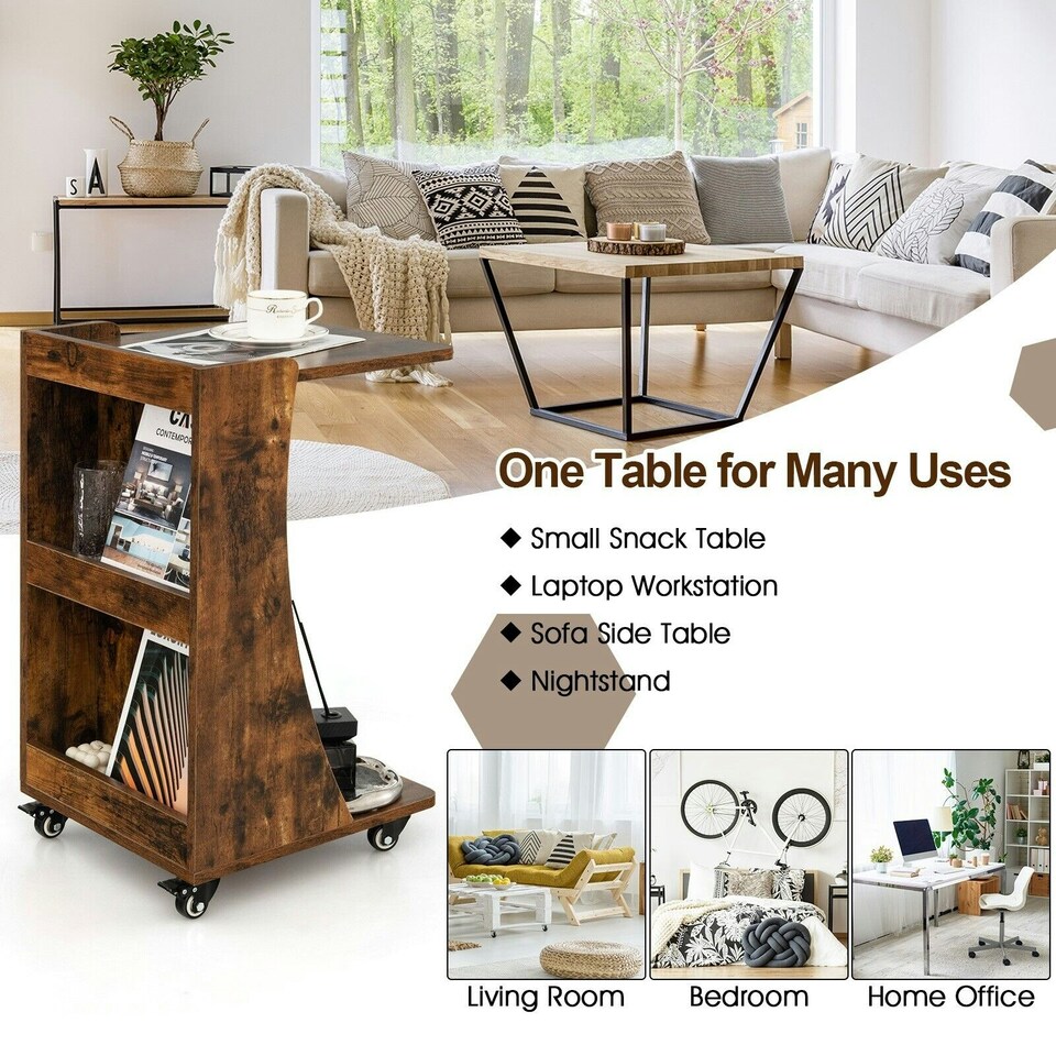 image 1 of COSTWAY C-Shaped End Table Mobile Sofa Side Table Brown