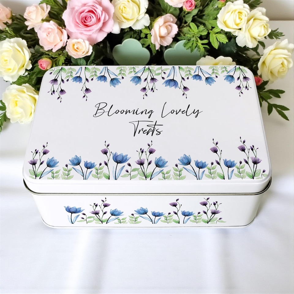 image 1 of Blue & Purple Floral Rectangular Tin