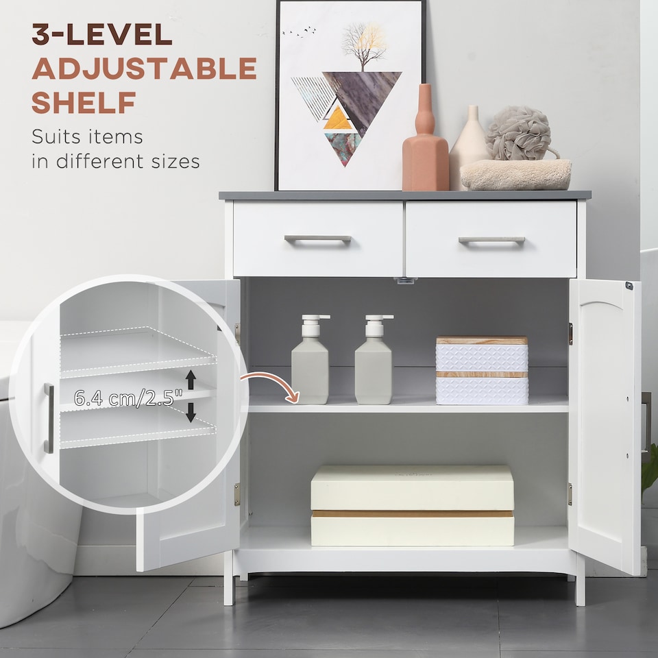 image 1 of kleankin Freestanding Bathroom Cabinet, Storage Cupboard with 2 Drawers, Double Doors, Adjustable Shelf, White