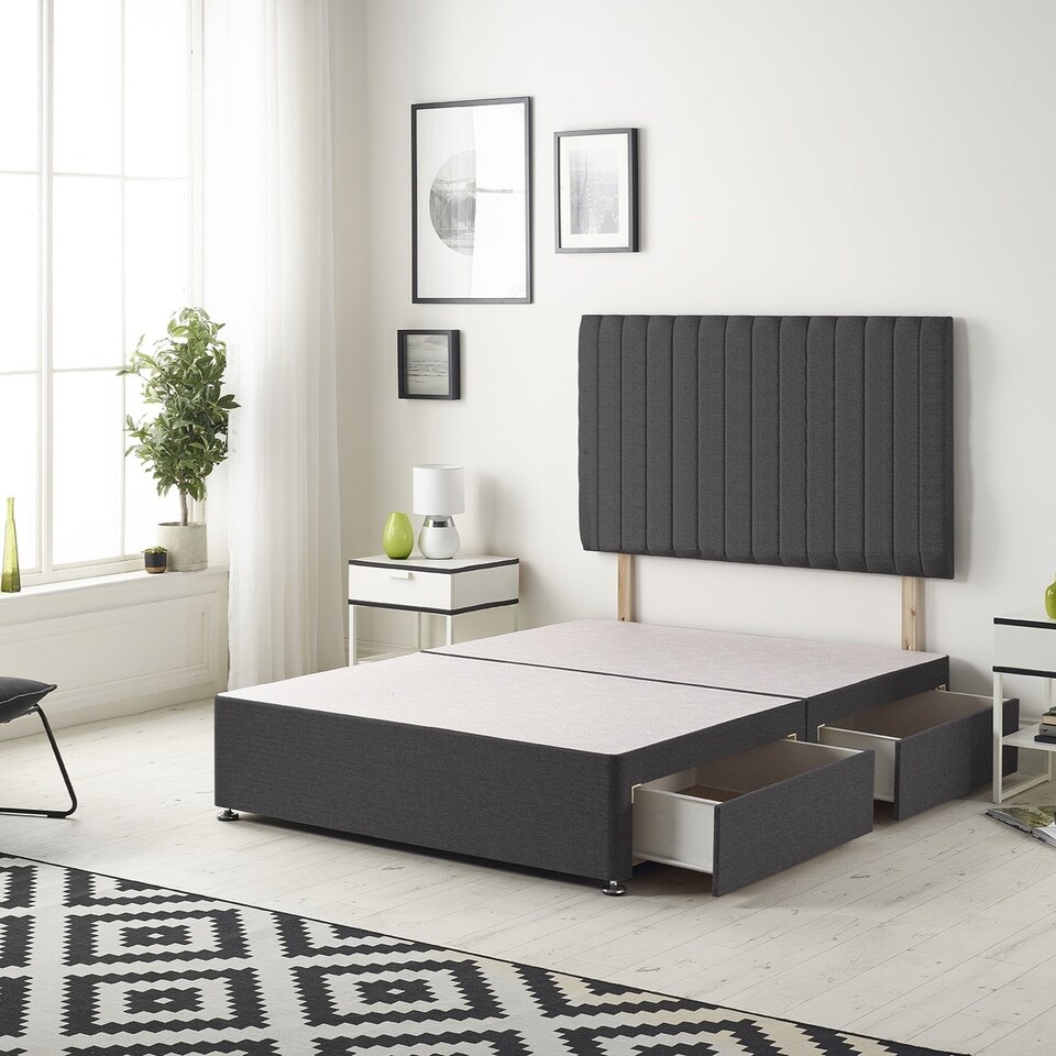 image 1 of Texas Divan Bed Base with 2 Drawers & 30 Inch Headboard Plush Velvet | Black | Black