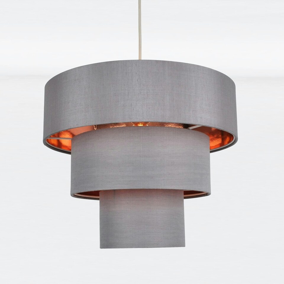 image 1 of First Choice Lighting Set of 2 Staggered 3 Tier Grey Faux Silk Slub Fabric Ceiling Adjustable Flush Shade with Copper Board Inner Chrome | Grey