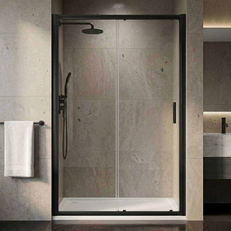 image 1 of Balterley Contemporary Glass Sliding Reversible Sliding Shower Door | Black | Matt Black | 1