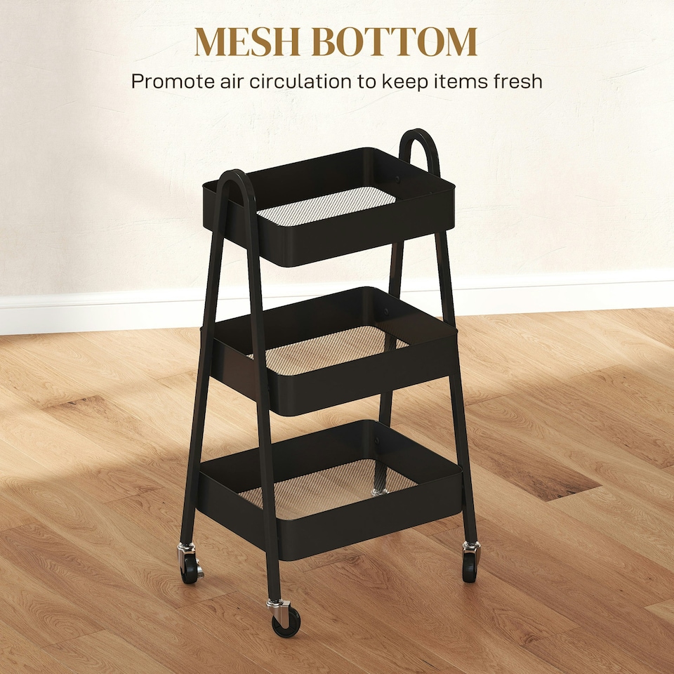 image 1 of HOMCOM 3-Tier Rolling Utility Cart Kitchen Storage Trolley on Wheels Black