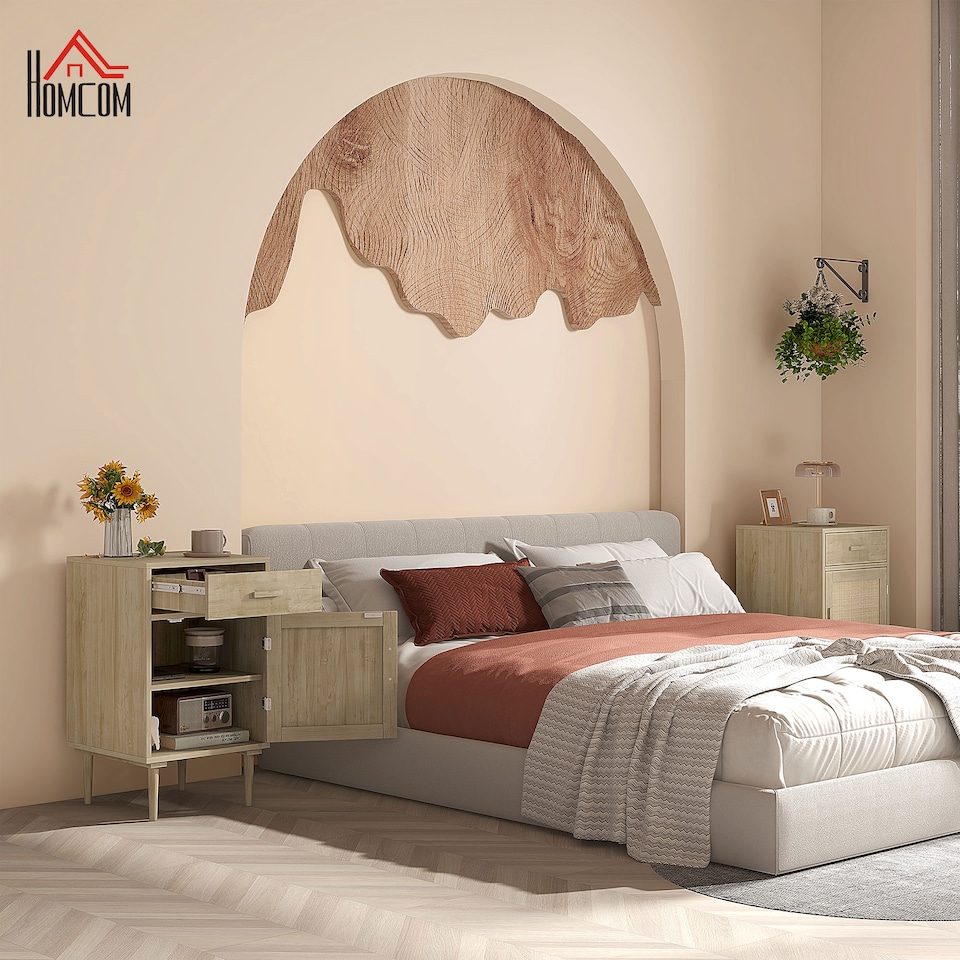 image 1 of HOMCOM Bedside Table, Rattan Side Tables with Drawer, Cabinet and Adjustable Shelf, Boho Bedside Cabinet with Storage for Bedroom, Living Room, Natural Wood Effect