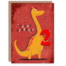 Spiky Yellow Red Dinosaur Cartoon Cute 2nd 2 Year Old Child Kids Birthday Card
