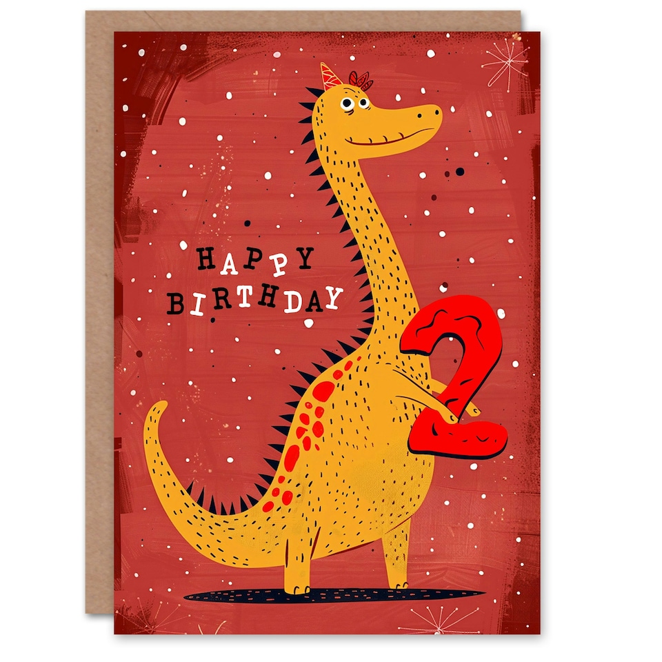 image 1 of Spiky Yellow Red Dinosaur Cartoon Cute 2nd 2 Year Old Child Kids Birthday Card