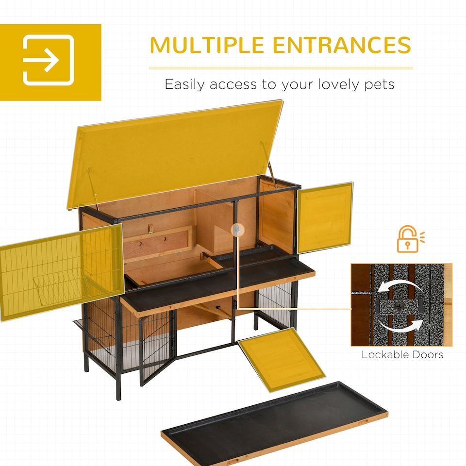 image 1 of PawHut Rabbit Hutch, Guinea Pig Hutch Outdoor Cage w/ Tray & Roof, Yellow