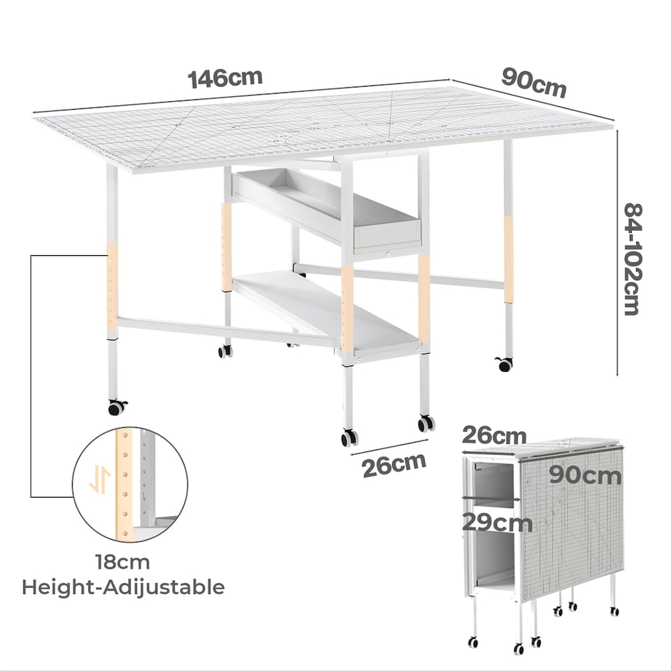 image 1 of Levede Sewing Table Foldable Craft With Grid Adjustable Height Storage Black