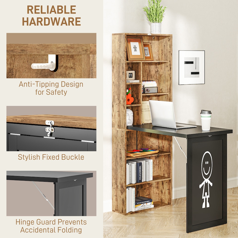 image 1 of HOMCOM Wall Mounted Computer Desk, Space Saving Folding Study Table with Black Board, Bookshelf, Floating Writing Desk with Adjustable Shelf, 9 Open Compartments for Small Space, Rustic Brown