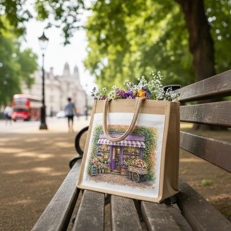 image 1 of Traditional Village Florist Reusable Jute Shopping Bag