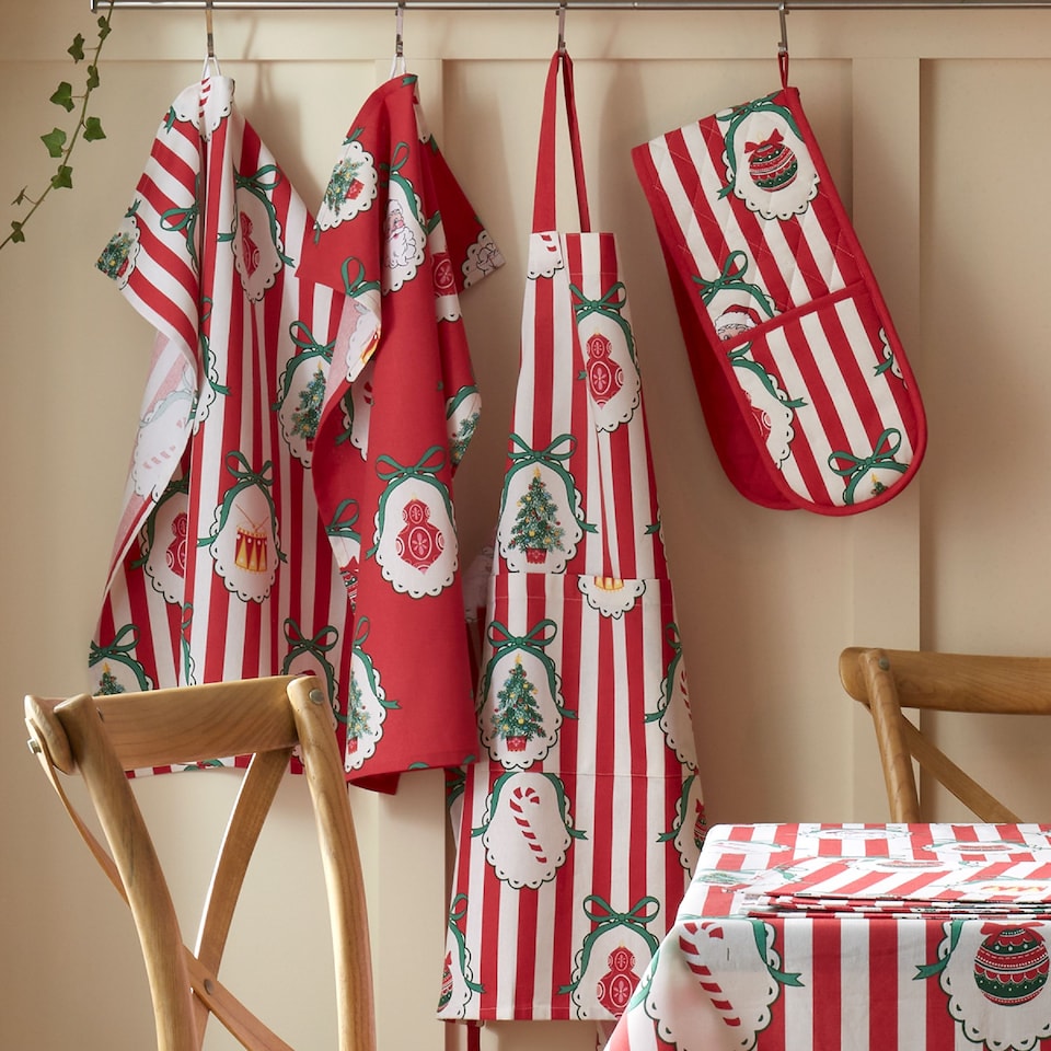 image 1 of Catherine Lansfield Christmas Vintage Stripe Cotton Kitchen Tea Towel Pack of 4