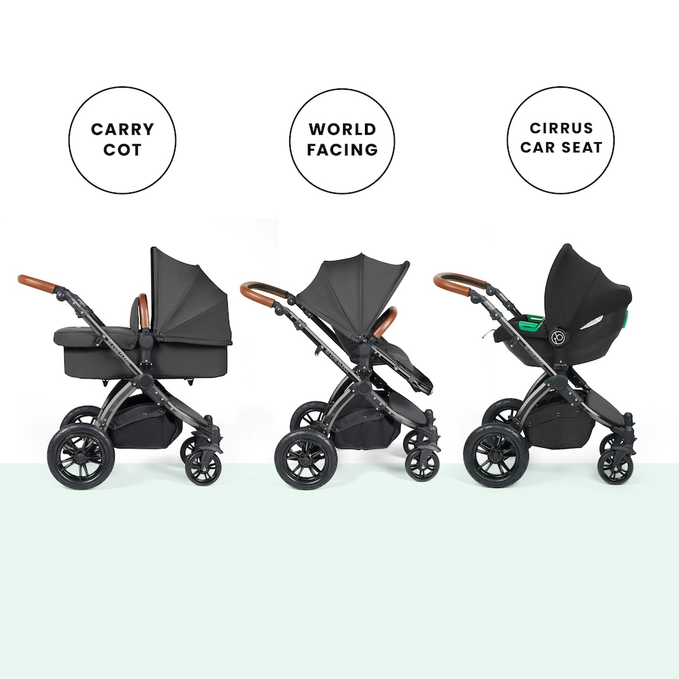 image 1 of Stomp Luxe 12pc Travel System with Cirrus i-Size Car Seat & ISOFIX Base, Carrycot, Reversible Seat, Rain Cover & More (Black/Charcoal Grey/Tan)